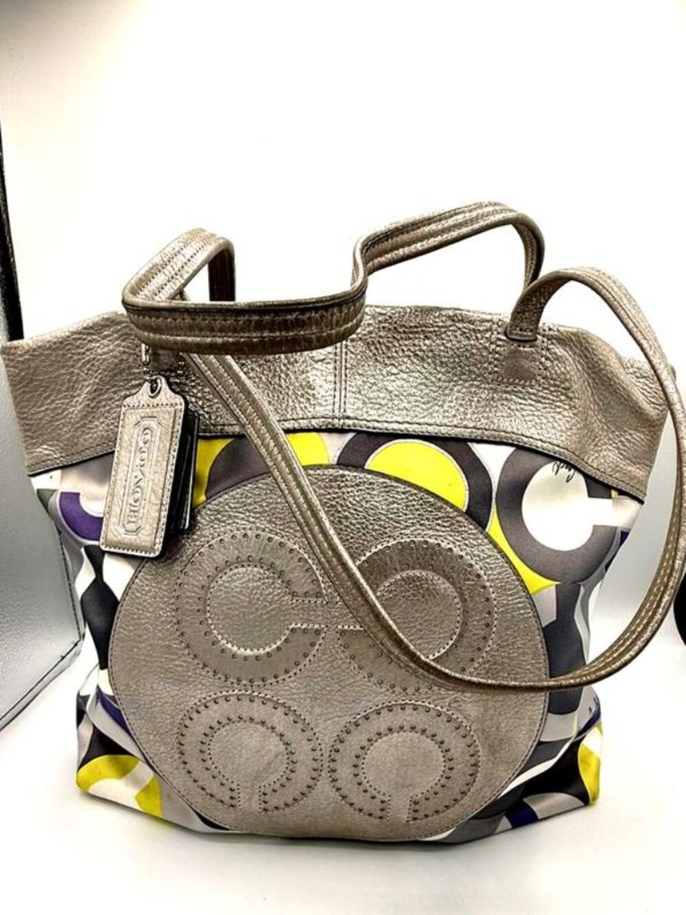 Coach Satin Leather Handbag Signature C Print Silver Gray Shoulder Bag